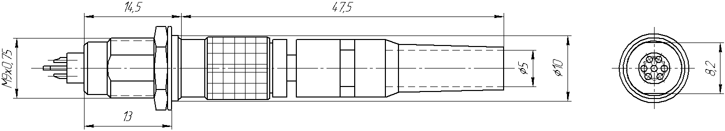 Round industrial metal connectors (low-frequency cylindrical connectors) M0B series under hole in device with diameter 9 mm