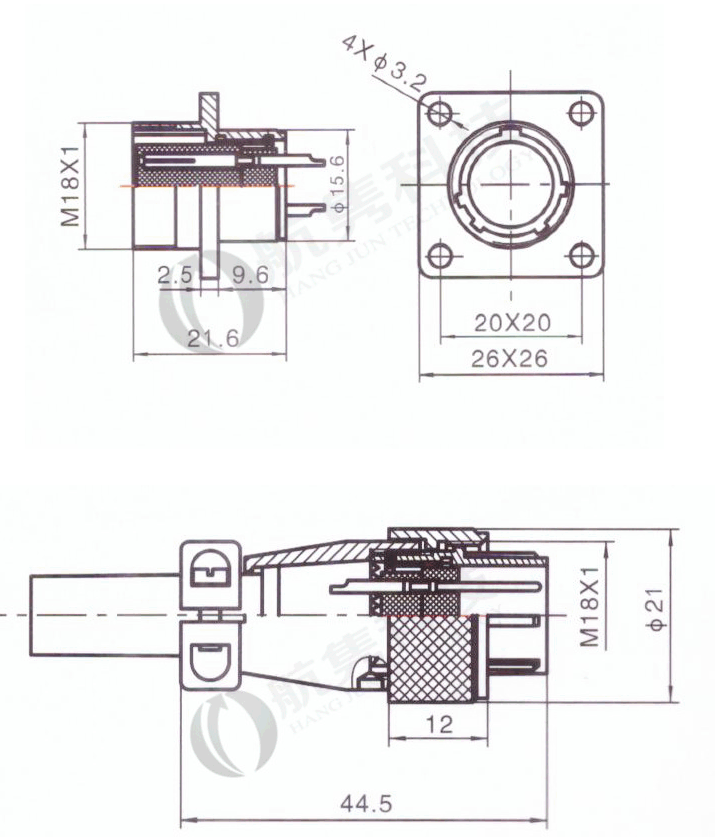 Round industrial metal connectors (low-frequency cylindrical connectors) WS16 series under hole in device with diameter 16 mm