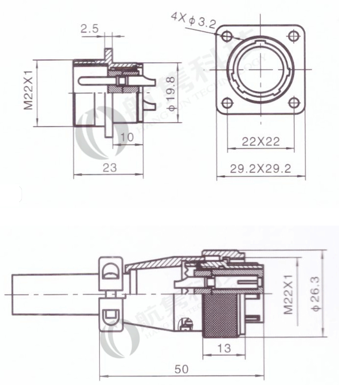 Round industrial metal connectors (low-frequency cylindrical connectors) WS20 series under hole in device with diameter 20 mm