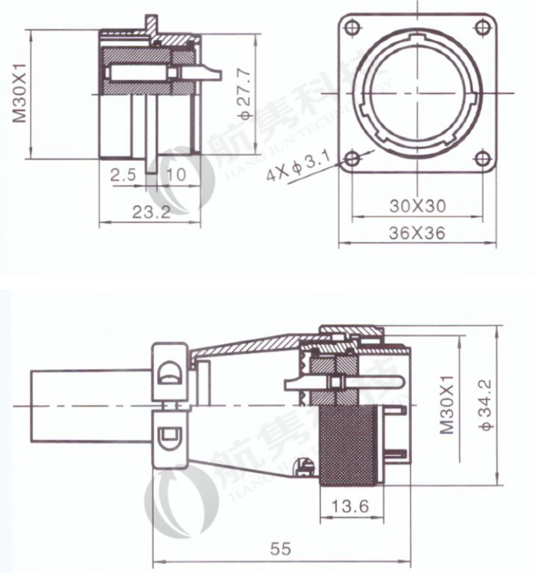 Round industrial metal connectors (low-frequency cylindrical connectors) WS28 series under hole in device with diameter 28 mm