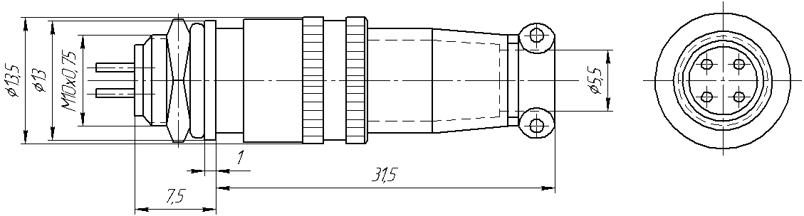 Round industrial metal connectors (low-frequency cylindrical connectors) XS10 series under hole in device with diameter 10 mm