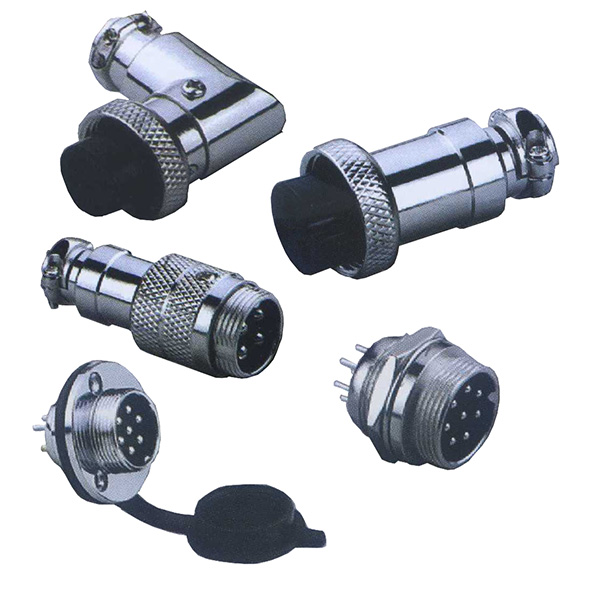 Round industrial metal connectors (low-frequency cylindrical connectors) YL19 series under hole in device with diameter 19 mm