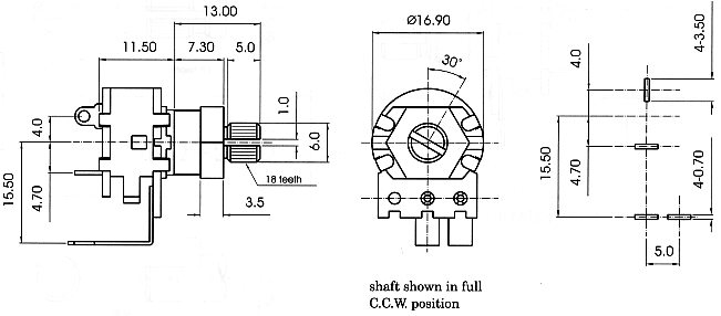 R1617S-13KQD2-, Rotary Potentiometers 16 mm