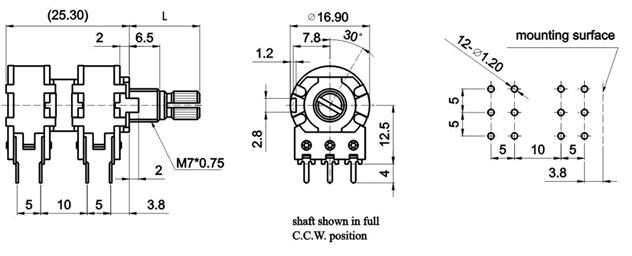 R1640G-_A1-, Rotary Potentiometers 16 mm