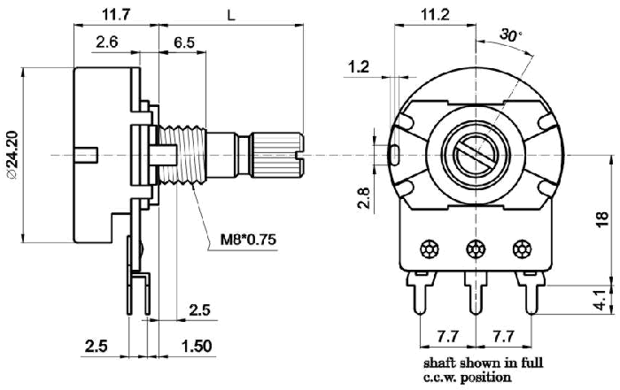 R2410N-_A1-, Rotary Potentiometers 24 mm, Резисторы переменные (потенциометры) роторного Typeа 24 mm