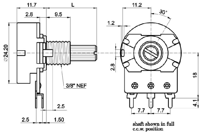 R2412N-_A1-, Rotary Potentiometers 24 mm, Резисторы переменные (потенциометры) роторного Typeа 24 mm