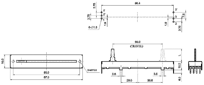 S6082G-xy1-, Slide Potentiometers 16 mm