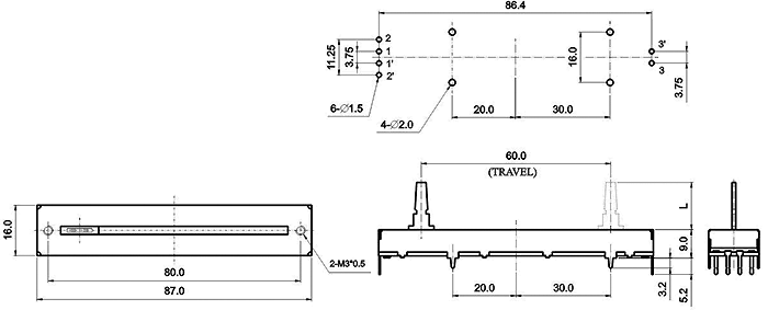 S6083G-xy3-, Slide Potentiometers 16 mm