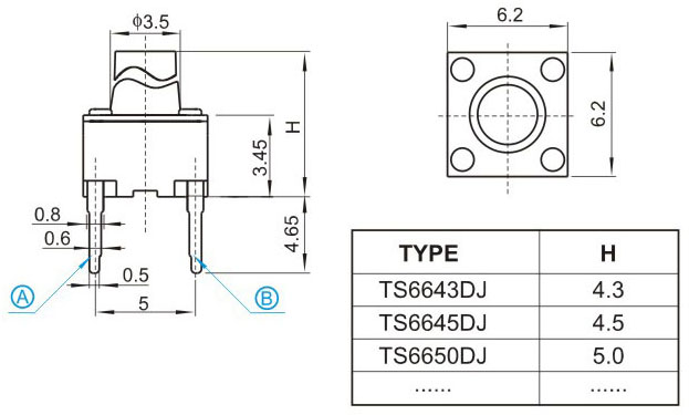TS66HDJ, Short 2 6x6 feet touch, Tact Switch